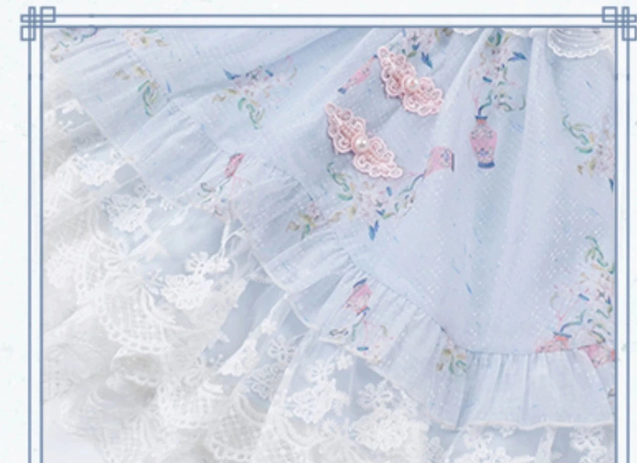 Screen Painting Hana Lolita Chinese dress style lace and flower mini dress