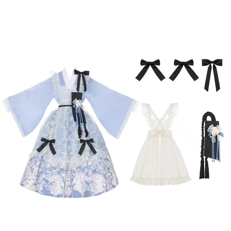 椿の花咲く庭 和風アリスのエプロン付きメイド服