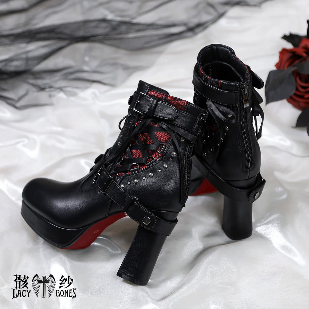 【暗黒の詩】レッドソール×黒紗のゴシックハイヒールブーツ