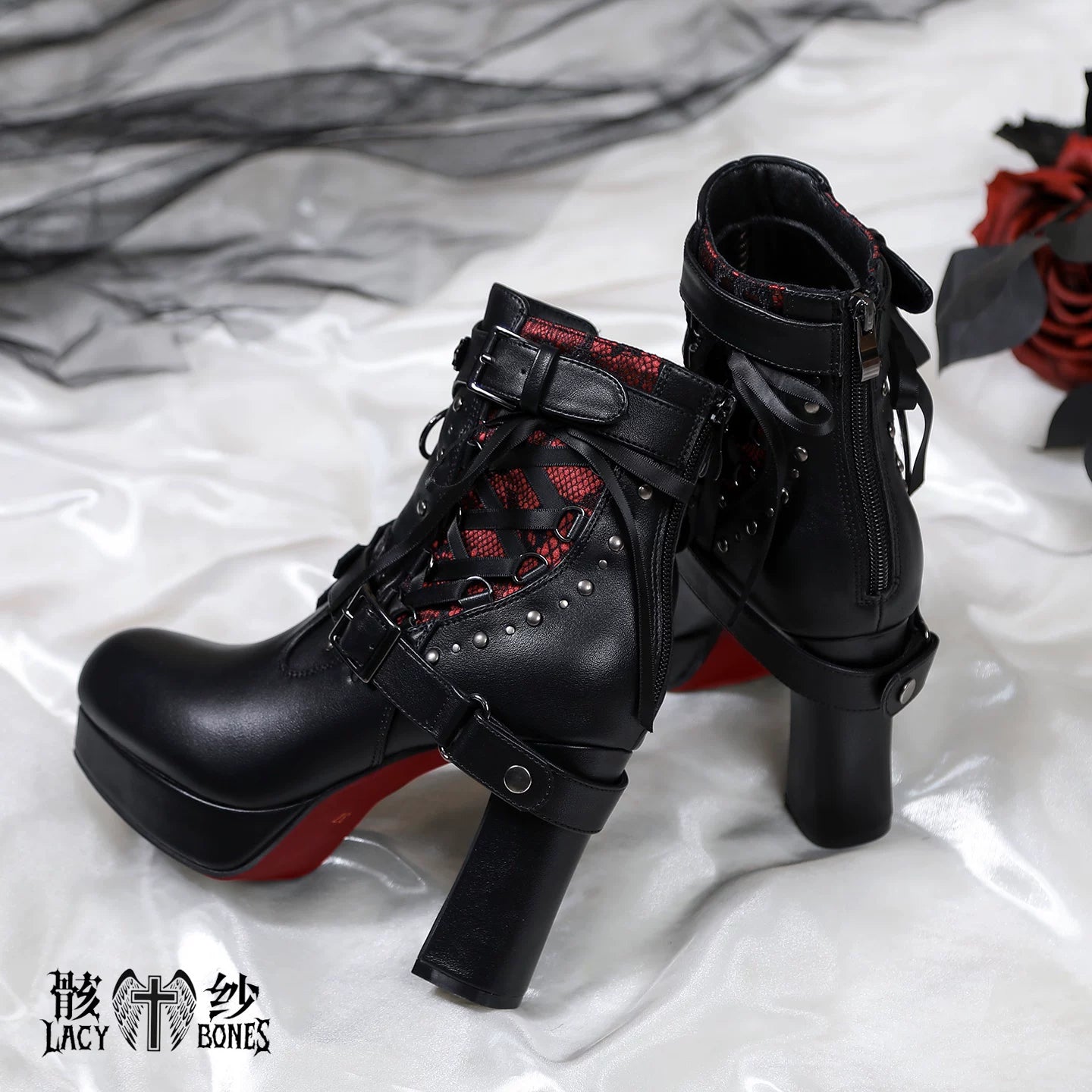 【暗黒の詩】レッドソール×黒紗のゴシックハイヒールブーツ