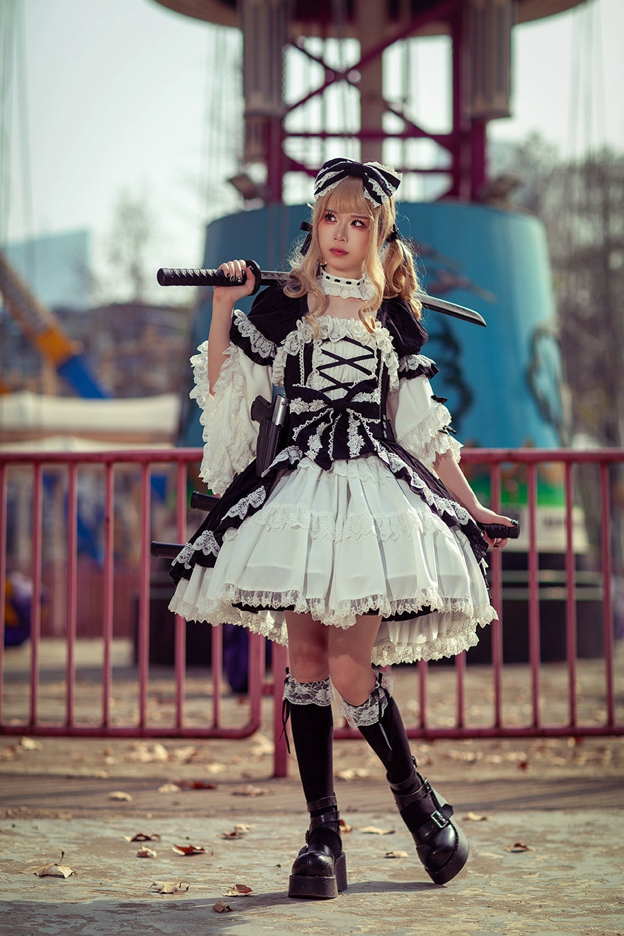 Vintage Lolita style ribbon dress with detachable sleeves