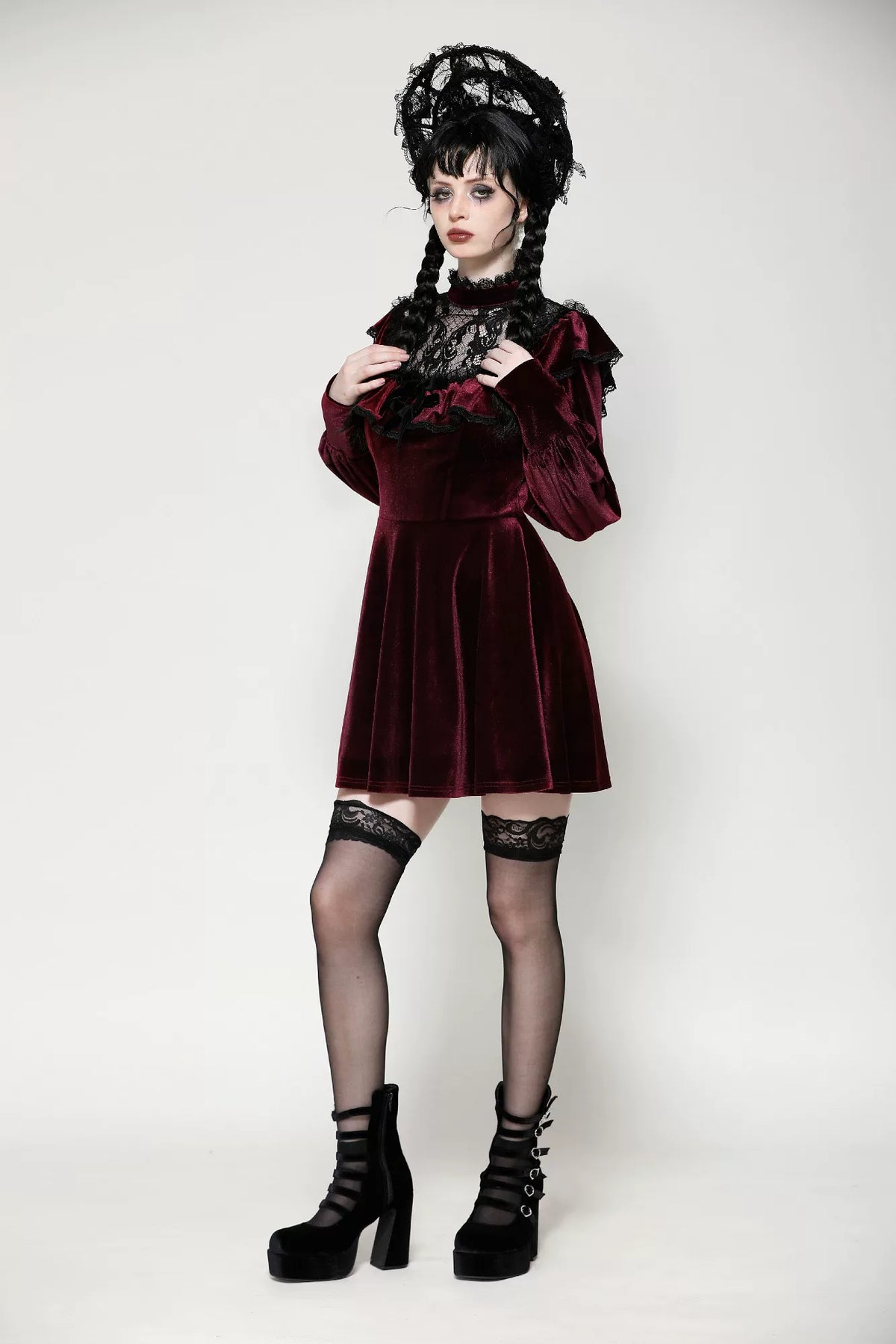 【Dark in Love】ダークレッド ベルベット×レース ゴスロリ長袖ワンピース | Blood Velvet (コピー)
