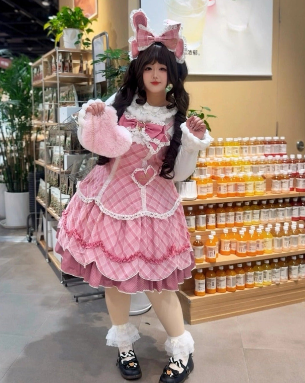 【受注予約11/13まで】Velvet Sweetie Heart チェックのジャンパースカート・ピンク