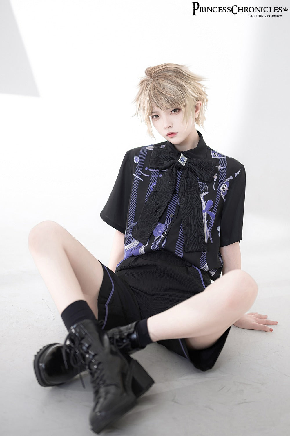 【予約販売】皇子系 青紫のレトロプリントブラウス