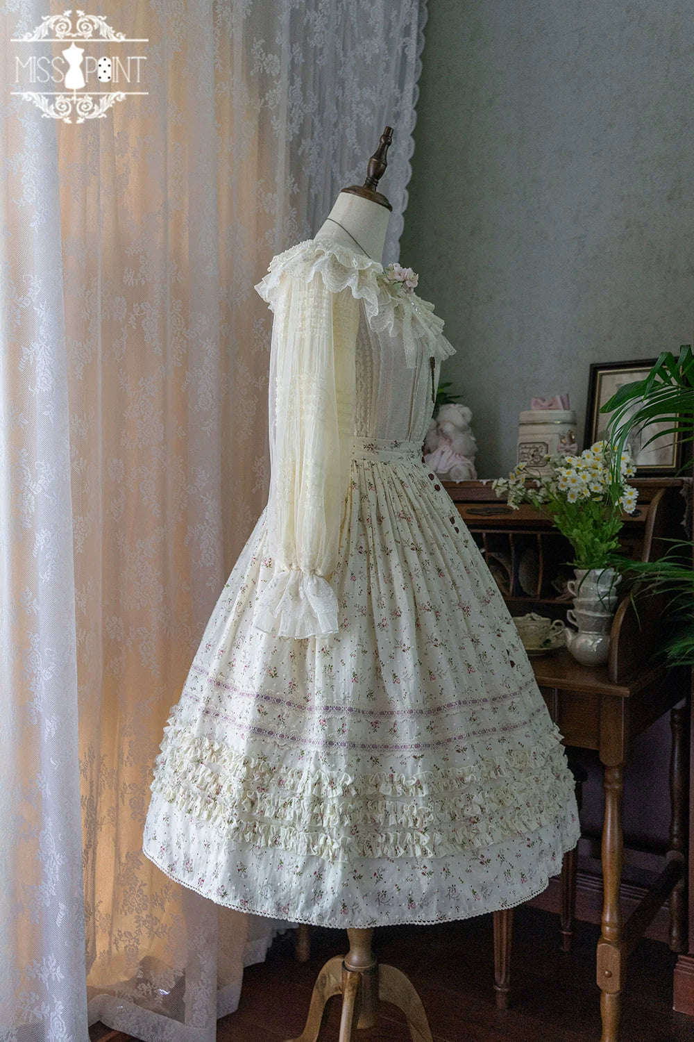【予約販売】Pink Flower 小花模様のボタン付コットンスカート