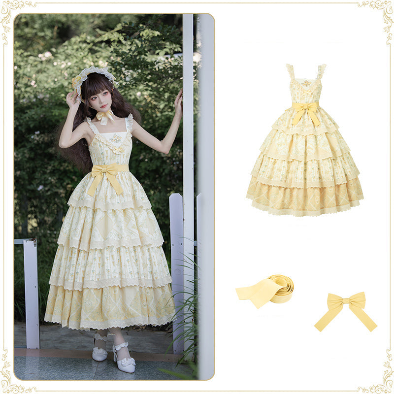 【予約販売】クリームイエローのフローラルジャンパースカート