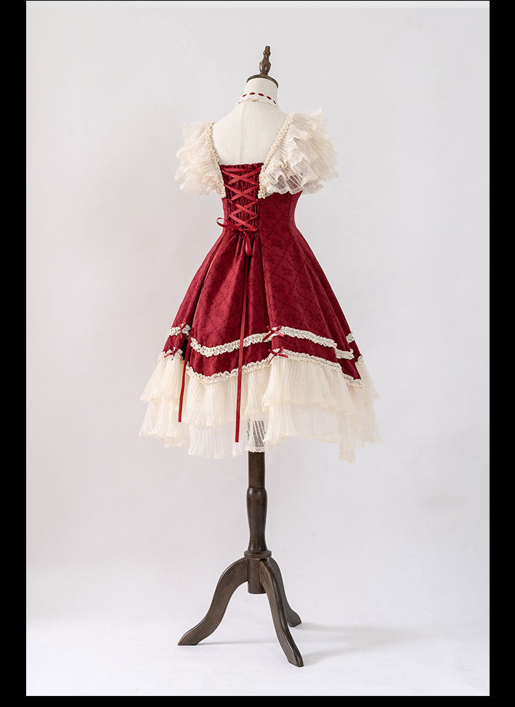 薔薇模様のジャガードフリルレース2wayワンピース 全4色