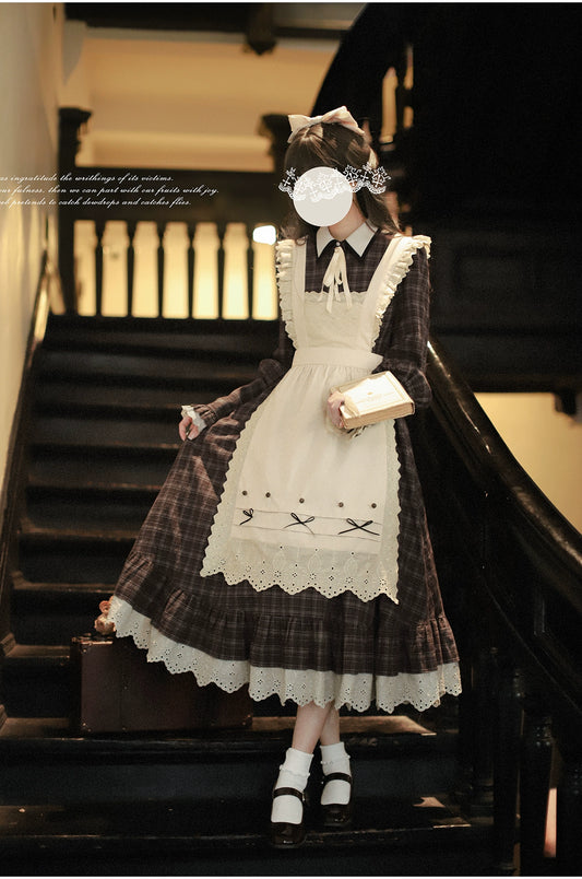 [Pre-order] Brown check retro dress with apron