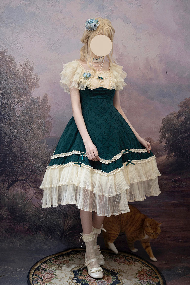 薔薇模様のジャガードフリルレース2wayワンピース 全4色