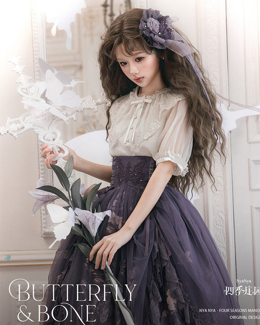 【受注予約11/19まで】Butterfly and Bone 刺繍襟の半袖ブラウス