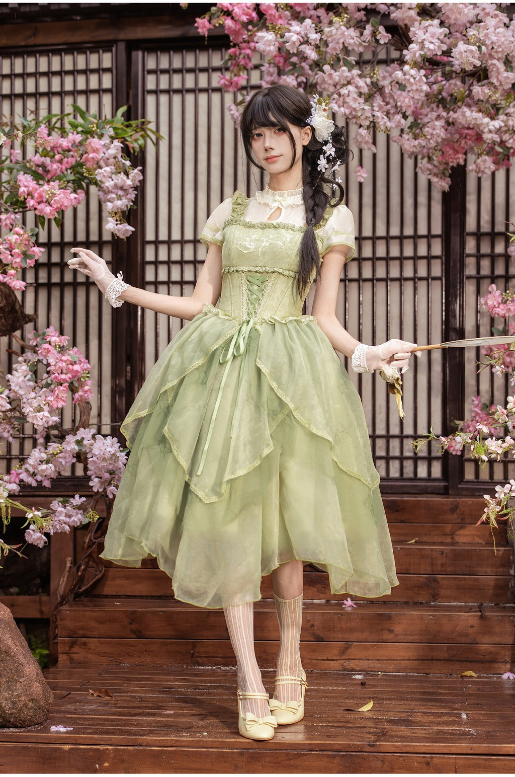 馨香 花びらティアード中華風ロリータワンピース