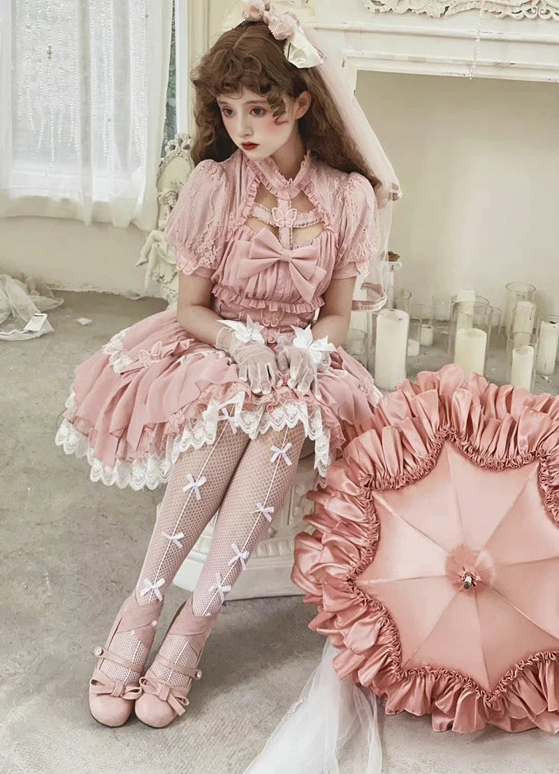 Baby Pink クロスリボンのコルセット風半袖ワンピース
