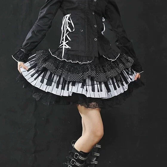 【GLP】ピアノキー×レース ゴシックフレアスカート | Dark Keys