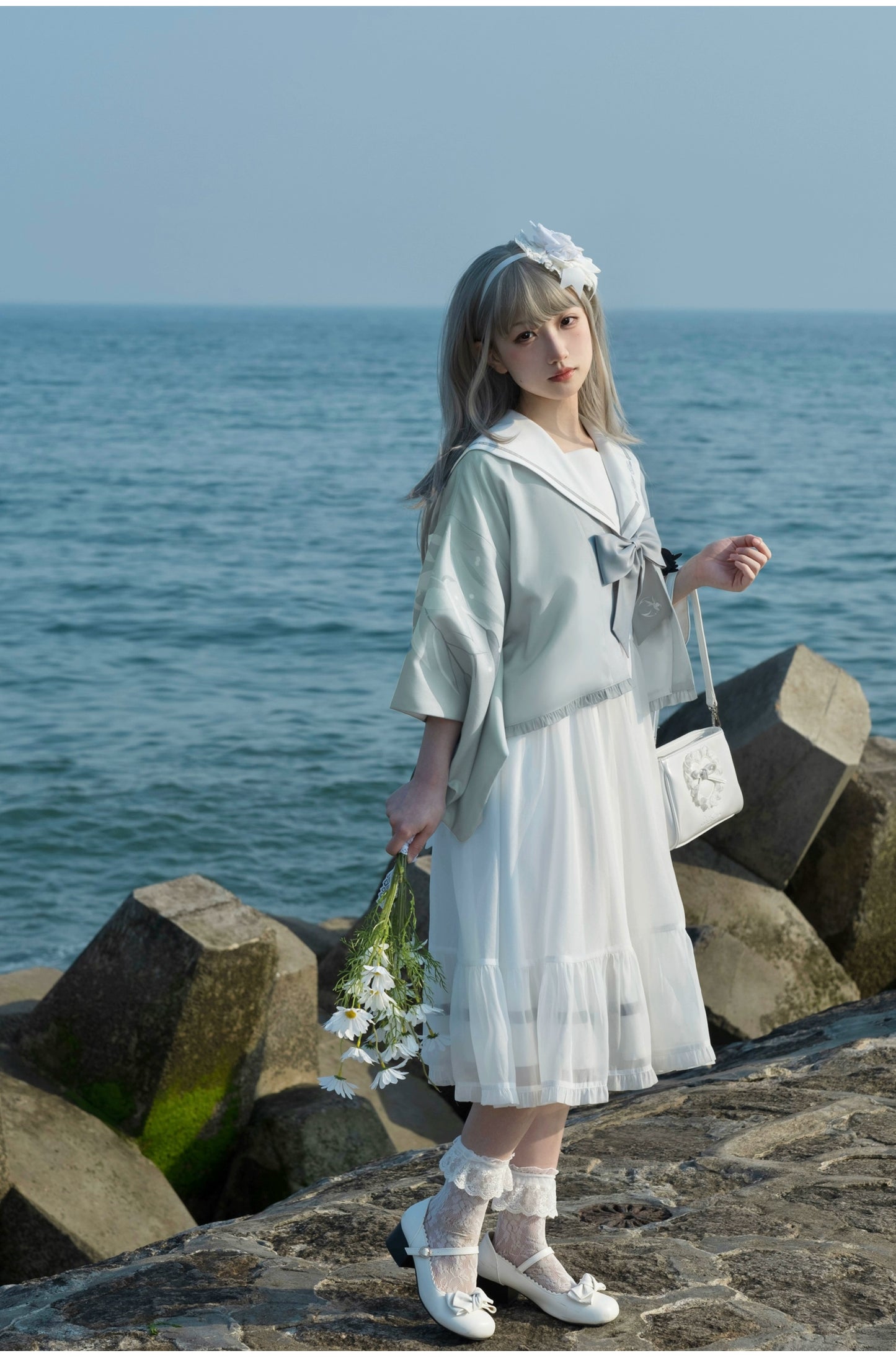 Blue Sea and Bright Moon Sailor Collar Dress, Haori, Apron 3-Piece Set