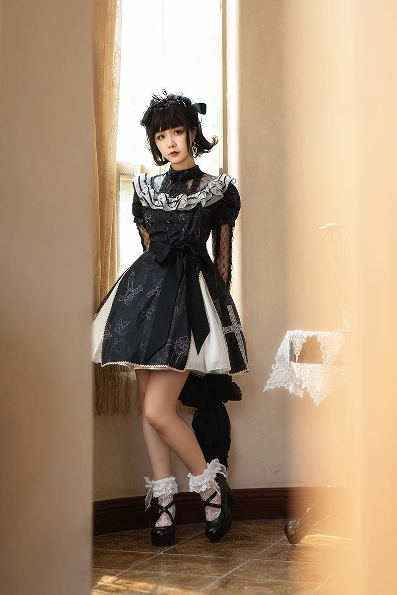 White Cross Ribbon Gothic Long Sleeve Dress