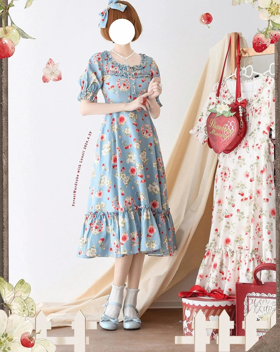 Early Summer Strawberry Picture Book One-Piece Dress with Ribbon Hair Accessory