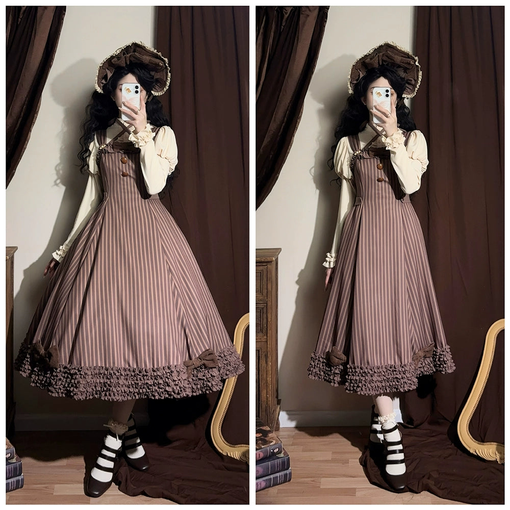 【予約販売】Classic Chocolat Stripe ストライプジャンパースカート・ロング丈