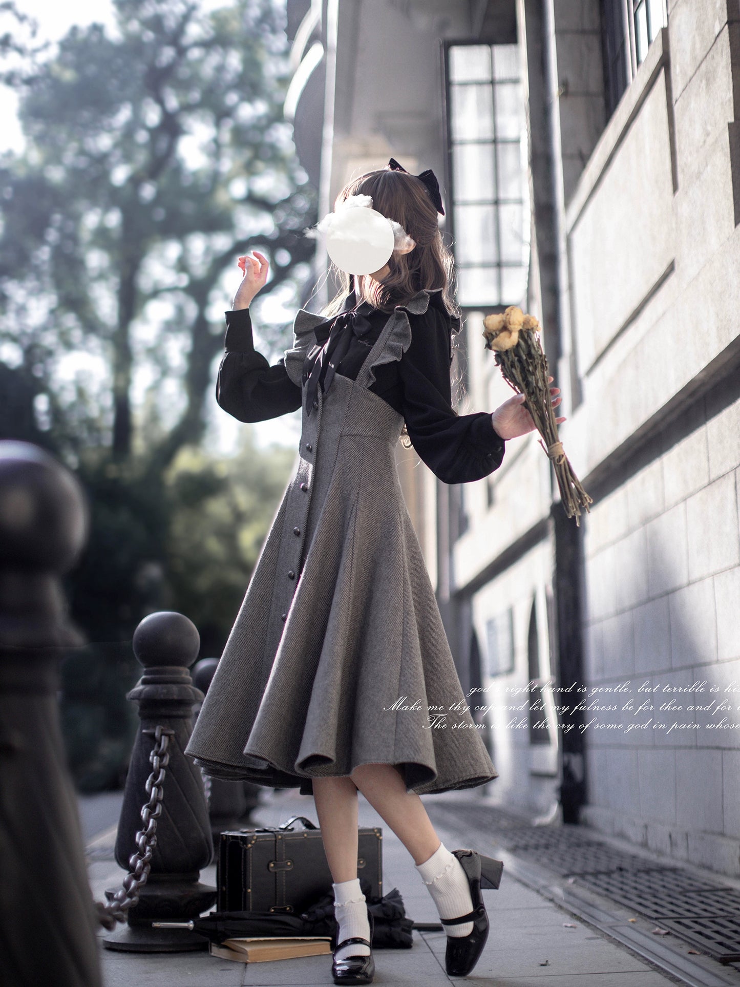 Gray metal button jumper skirt and ribbon tie blouse
