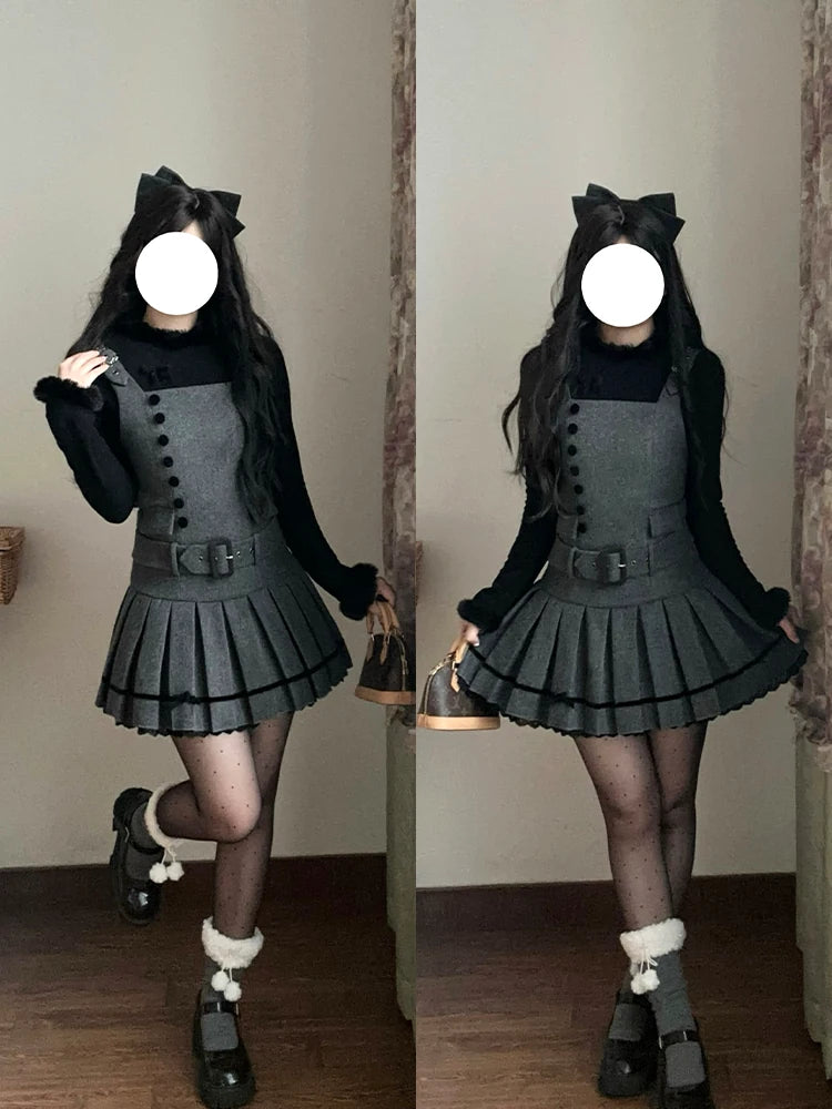 【予約販売】Graceful Gray プリーツジャンパースカート・ショート丈