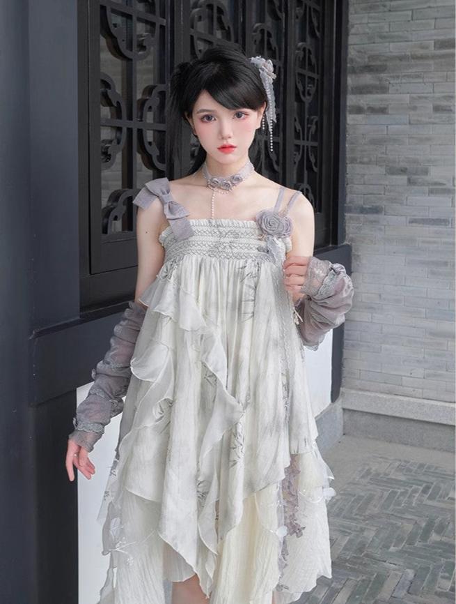 Irregular hem floral Lolita ink painting style jumper skirt