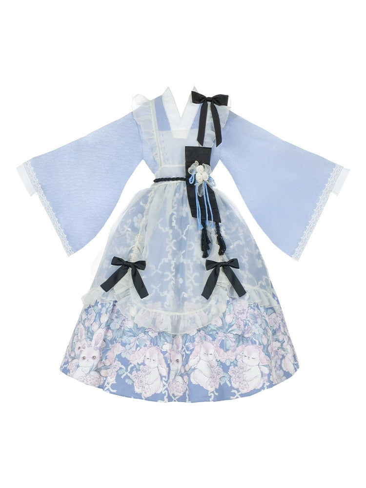 椿の花咲く庭 和風アリスのエプロン付きメイド服