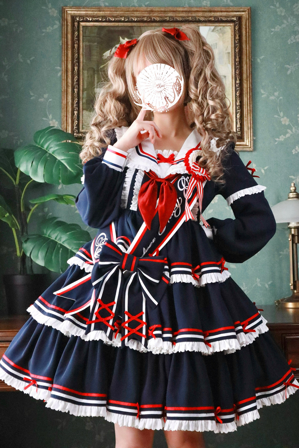 【受注予約4/28まで】セーラー襟と3段フリルの2wayマリンワンピース・ネイビー・ミドル丈