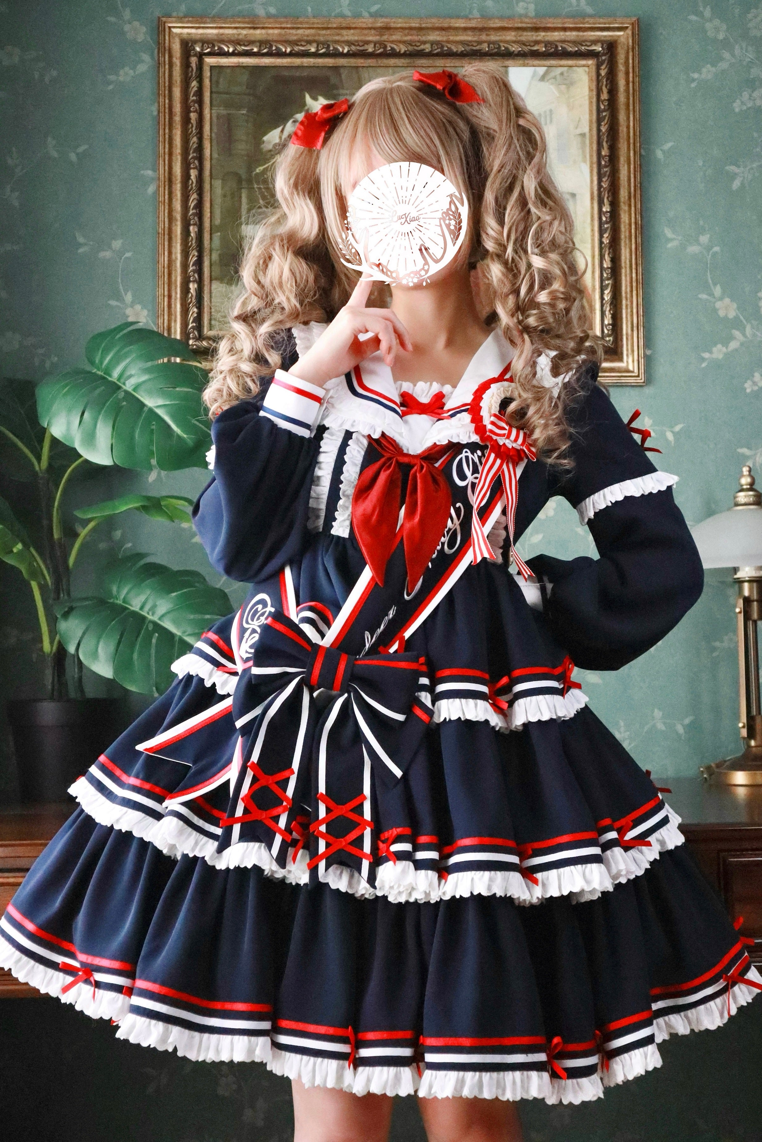 【受注予約4/28まで】セーラー襟と3段フリルの2wayマリンワンピース・ネイビー・ミドル丈