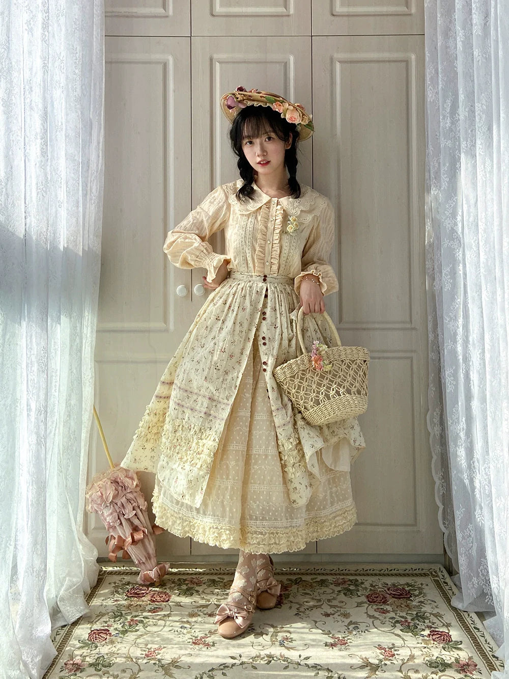 【予約販売】Pink Flower 小花模様のボタン付コットンスカート