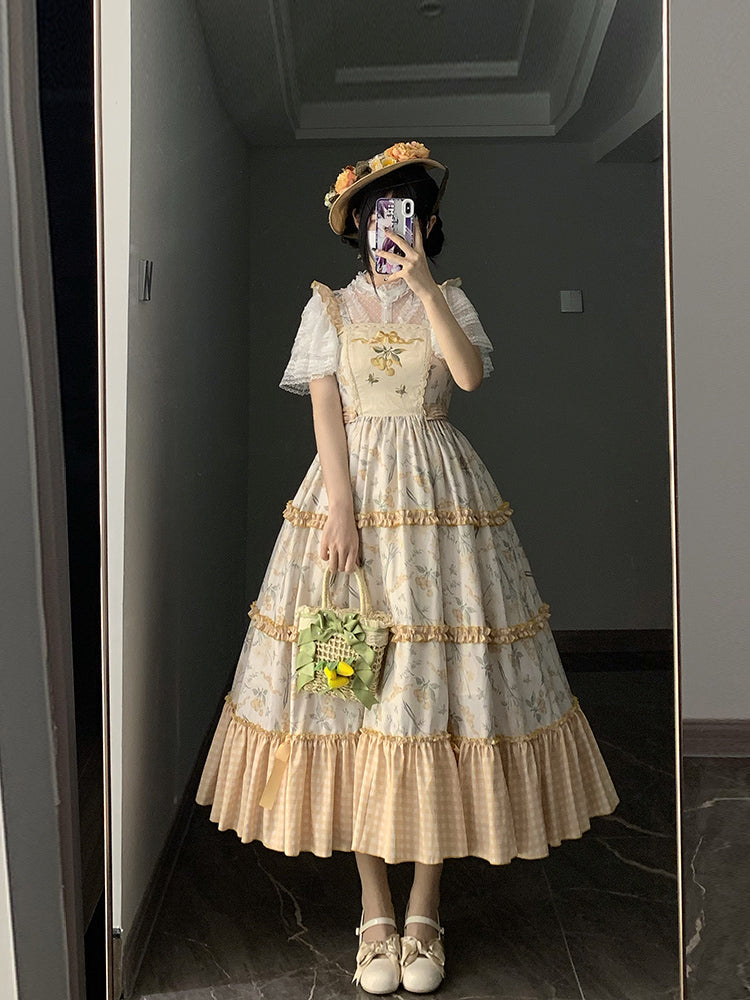 真夏のイエローギンガムチェック チェリー柄ジャンパースカート