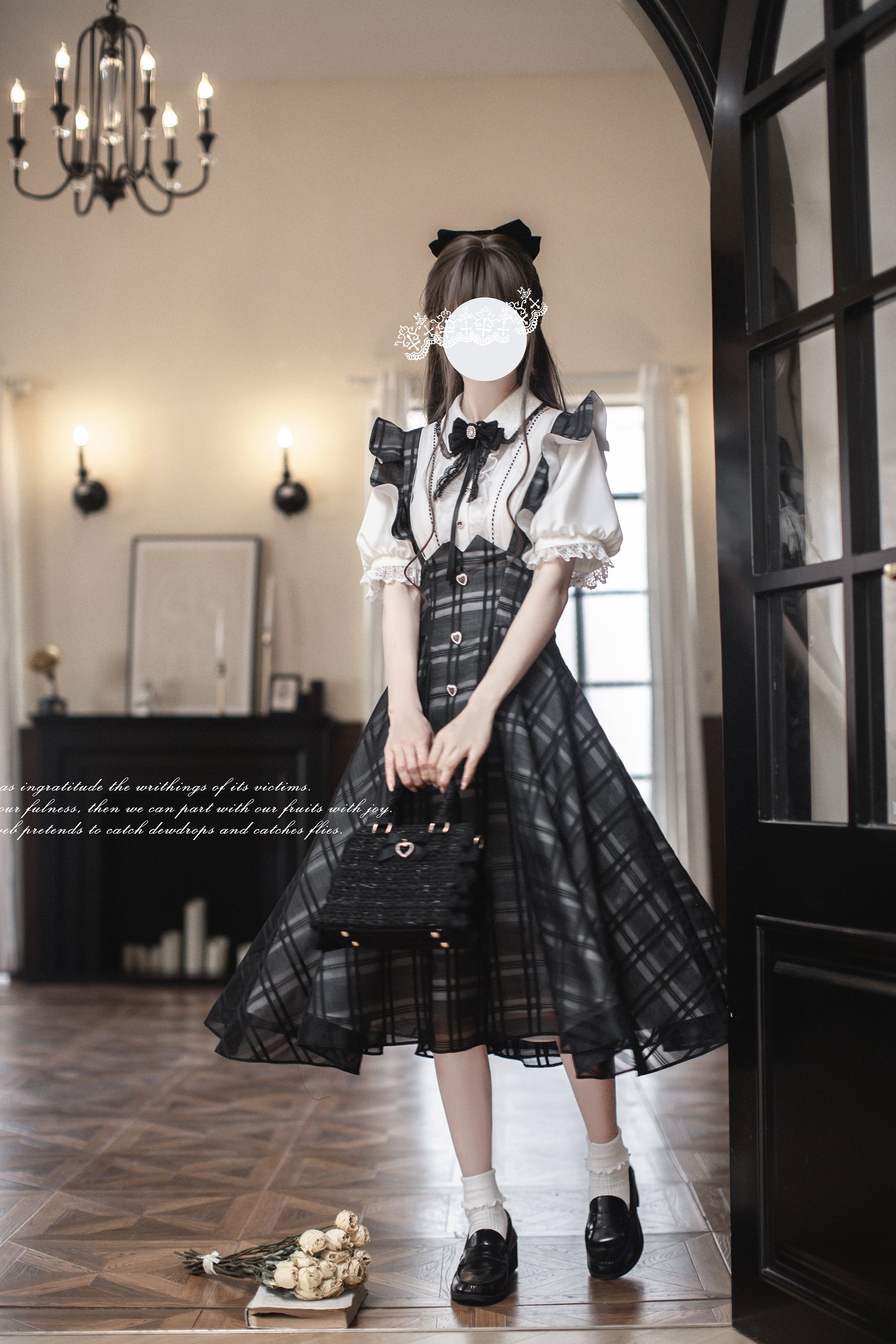 Monochrome Heart チェック柄ジャンパースカートセット・ロング丈