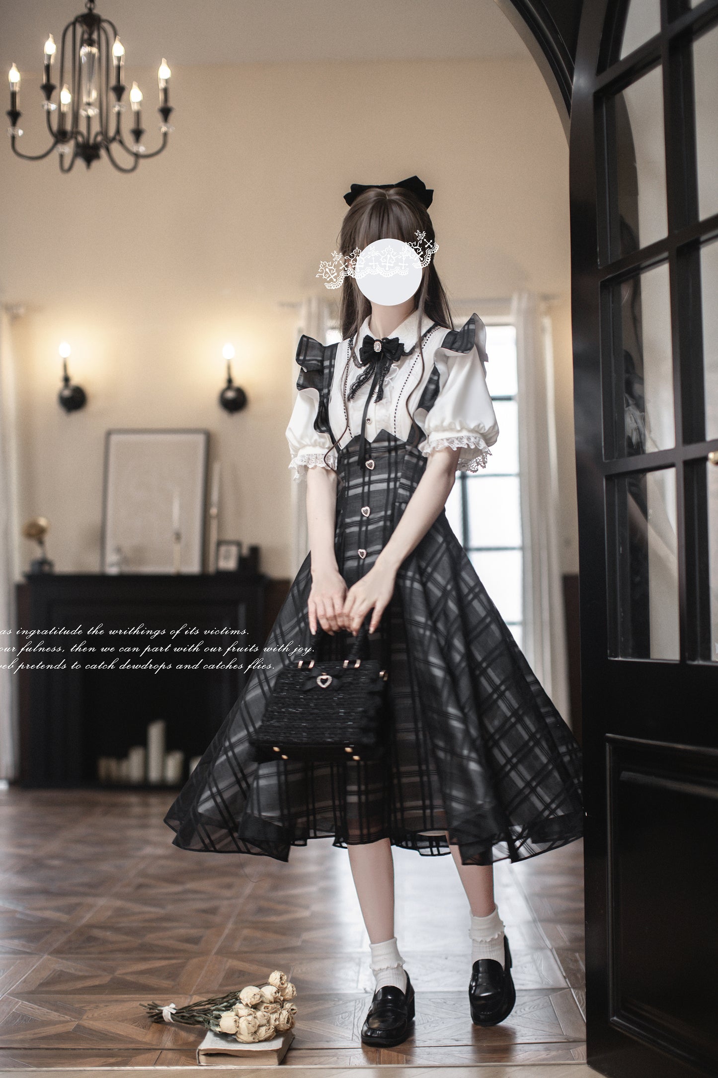 Monochrome Heart チェック柄ジャンパースカートセット・ロング丈