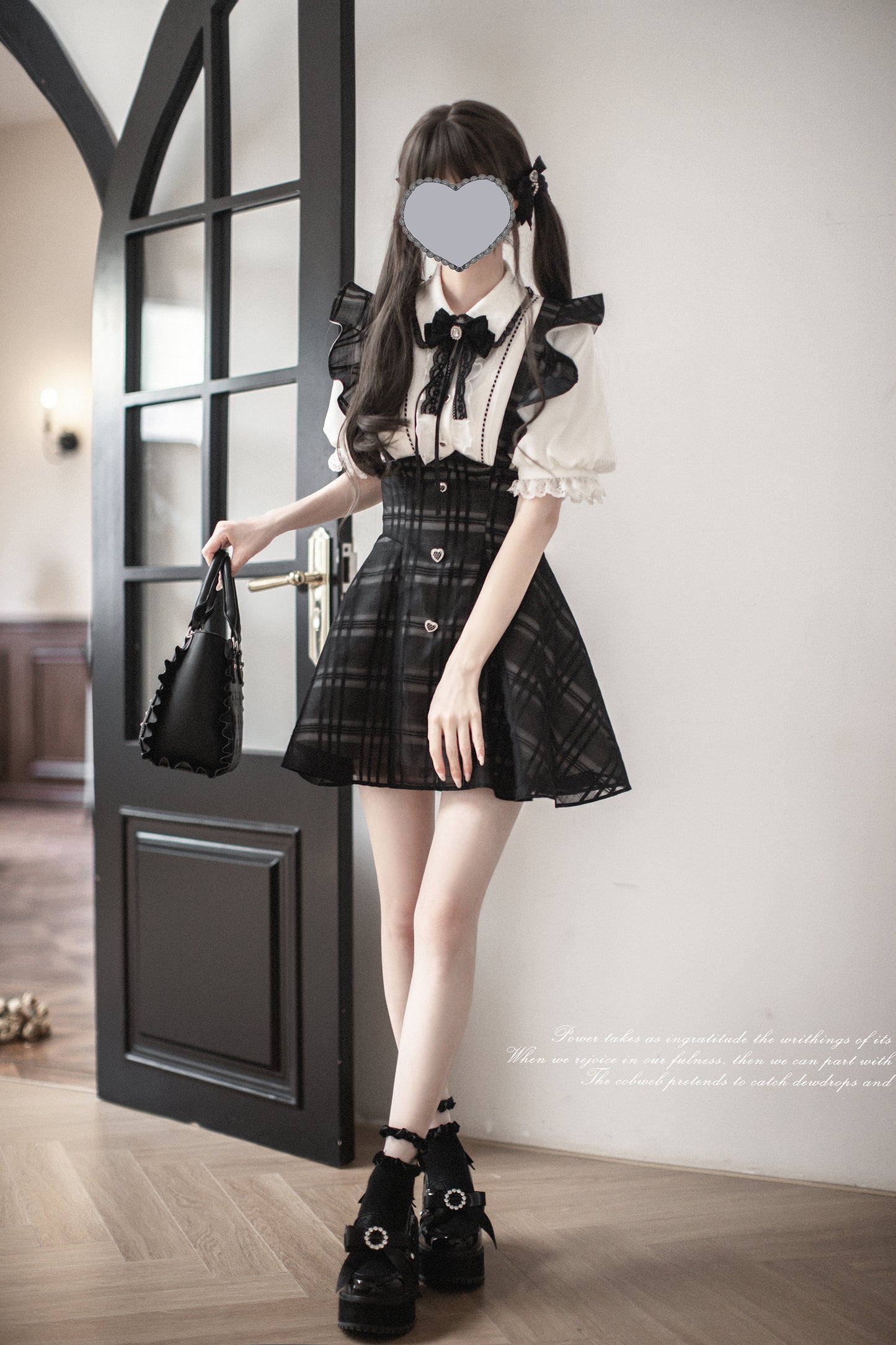 Monochrome Heart チェック柄ジャンパースカートセット・ショート丈