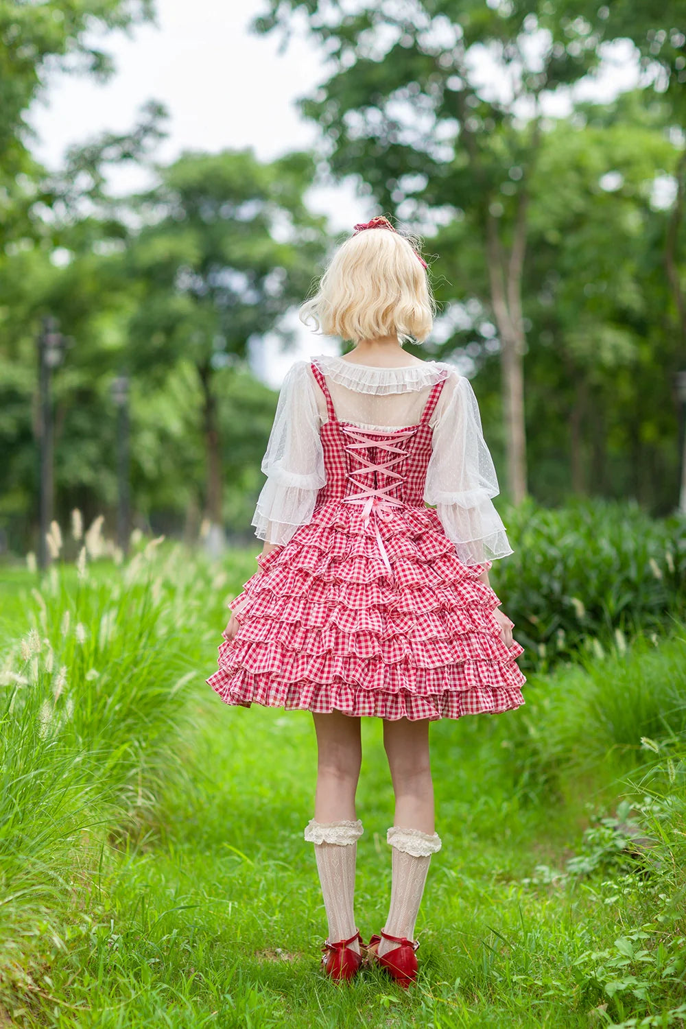 Big ribbon 8-tier ruffle jumper skirt