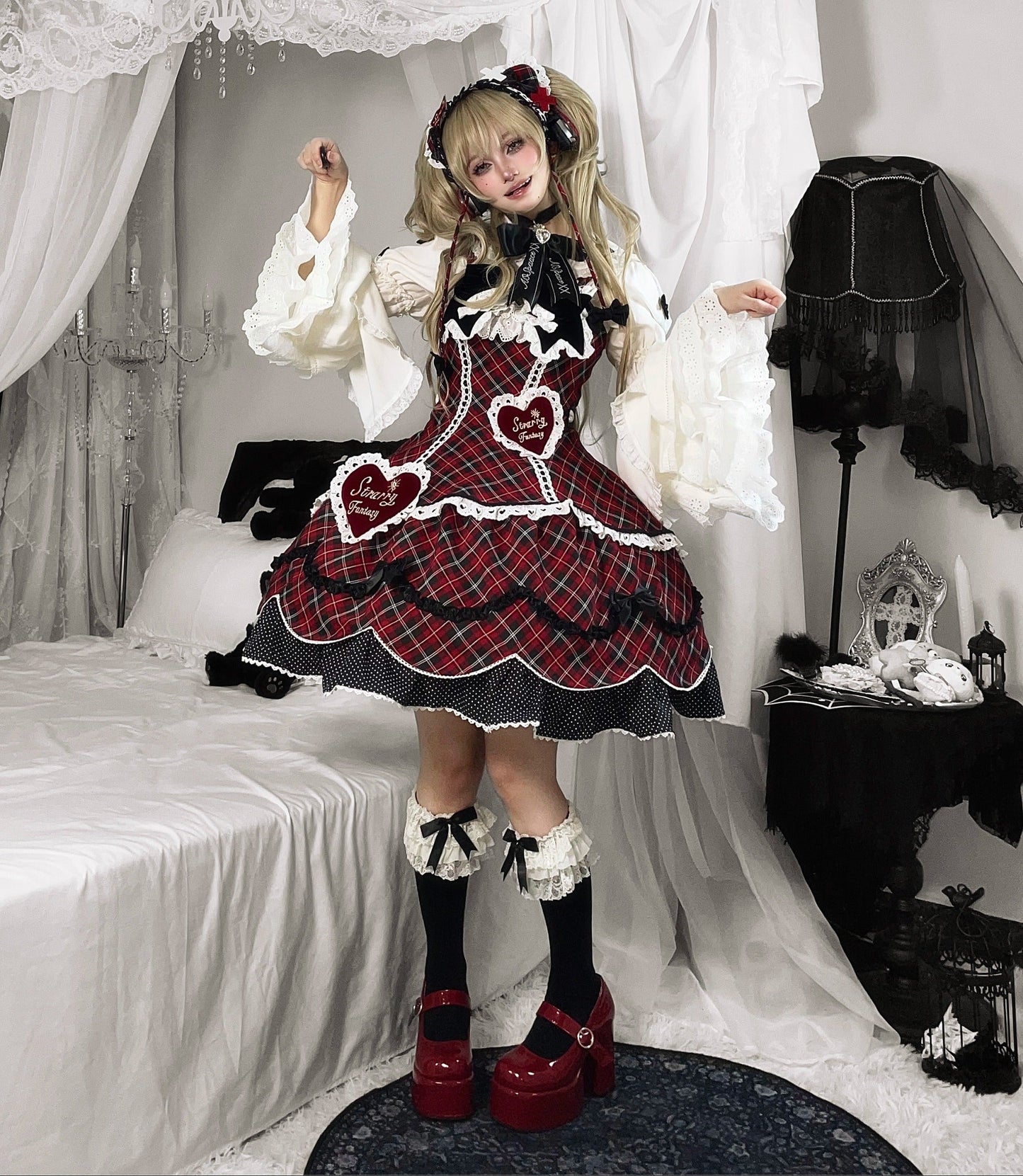 【受注予約11/13まで】Velvet Sweetie Heart チェックのジャンパースカート・レッド