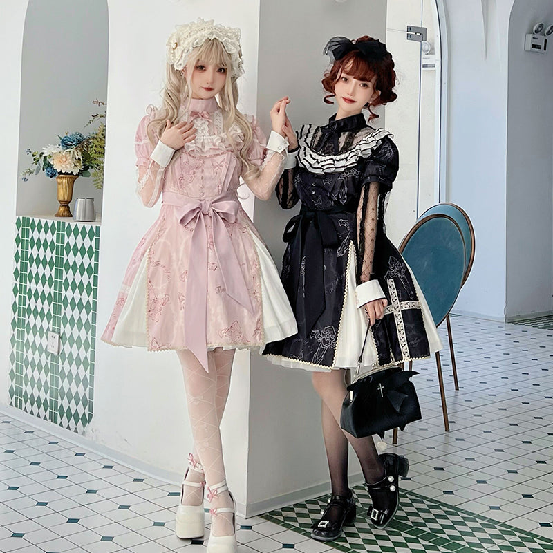 White Cross Ribbon Gothic Long Sleeve Dress RonRon White Cross Ribbon Gothic Long Sleeve Dress RonRon