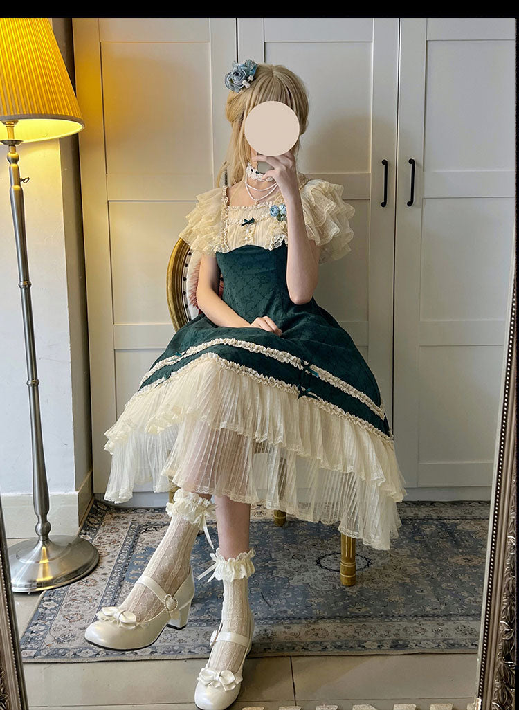 薔薇模様のジャガードフリルレース2wayワンピース 全4色