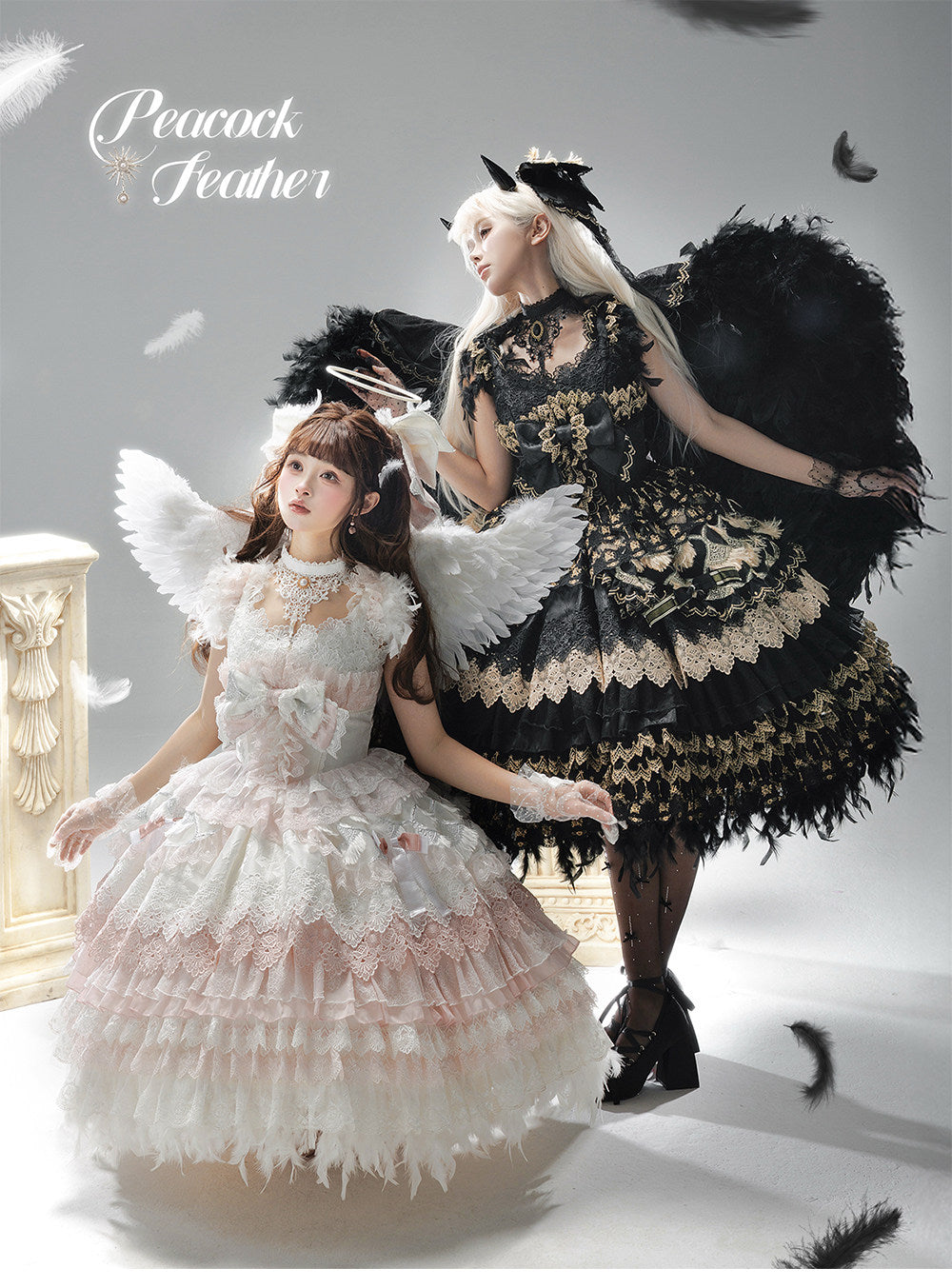 【新色・受注予約1/22まで】Peacock Feather プリンセスドレス・ホワイト×ピンク