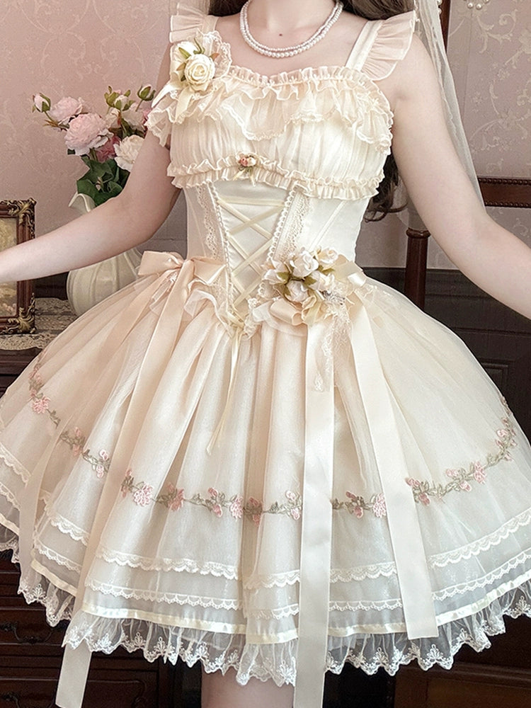 Misty Bloom 花刺繍のミニ丈ジャンパースカート