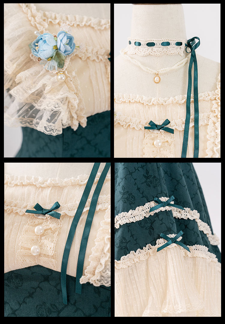 薔薇模様のジャガードフリルレース2wayワンピース 全4色