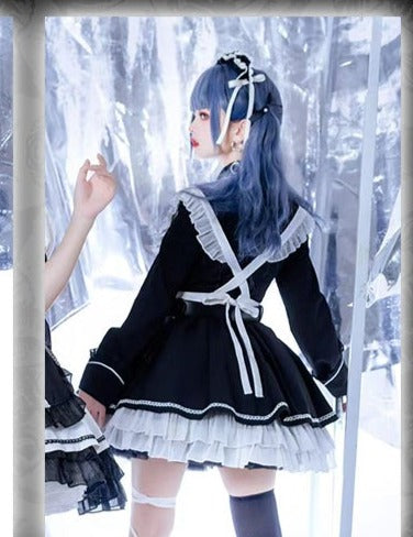 【アウトレット】SFメイド ゴスロリエプロン付き長袖ワンピース・ブラック・3XL・即納