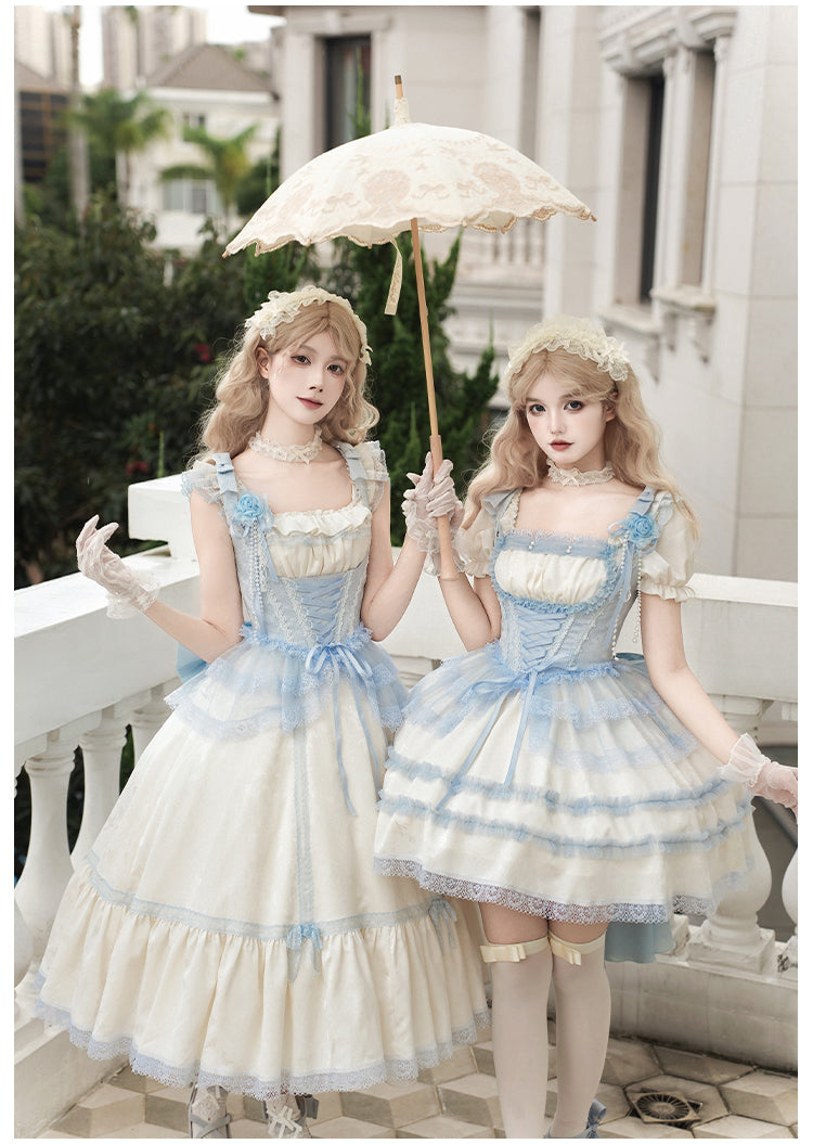 【予約販売】Sea Salt Iced Tea ライトブルージャガードジャンパースカートセット・ロング丈