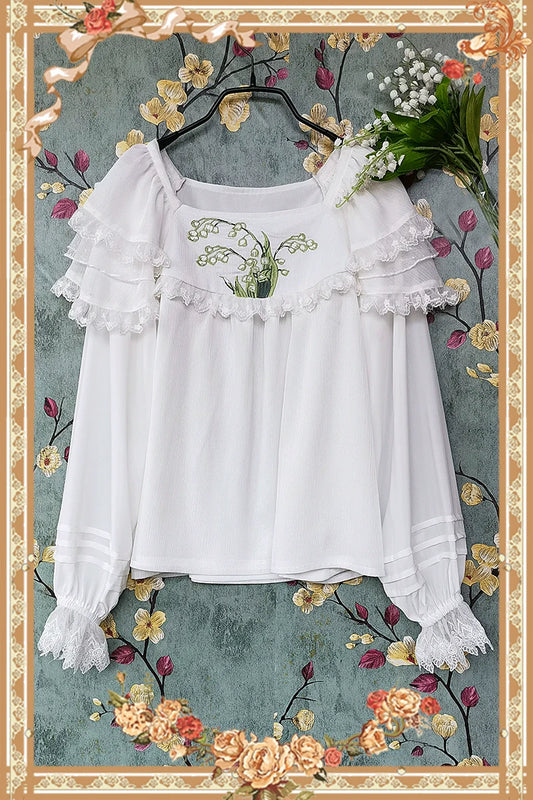 Suzuran embroidery ruffle long sleeve blouse