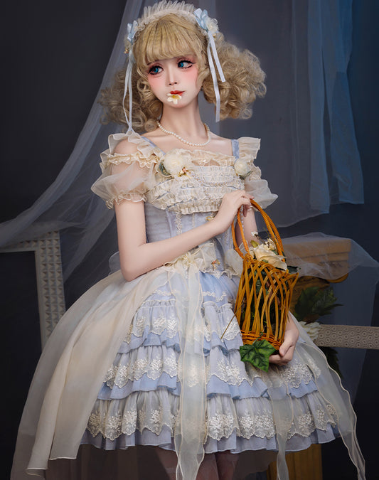 バラの涙 刺繍レースのミニ丈ジャンパースカート・サックス