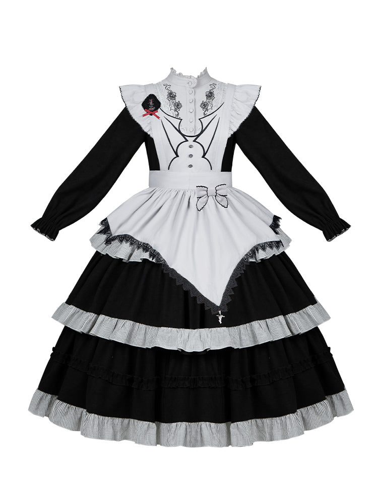 Monochrome Night Rose Embroidered Dress and Apron