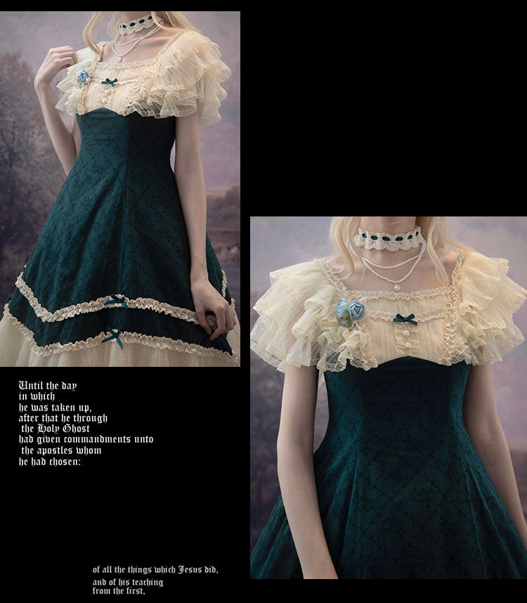 薔薇模様のジャガードフリルレース2wayワンピース 全4色