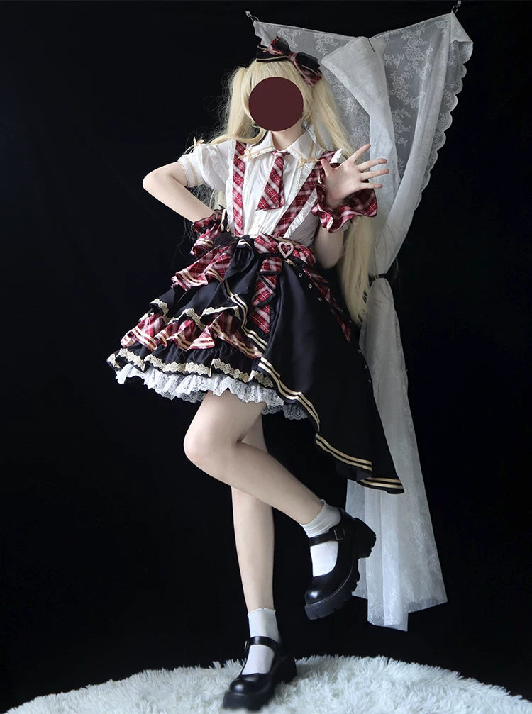 Red Moon チェックとフリルのアイドル風サスペンダースカート フルセット
