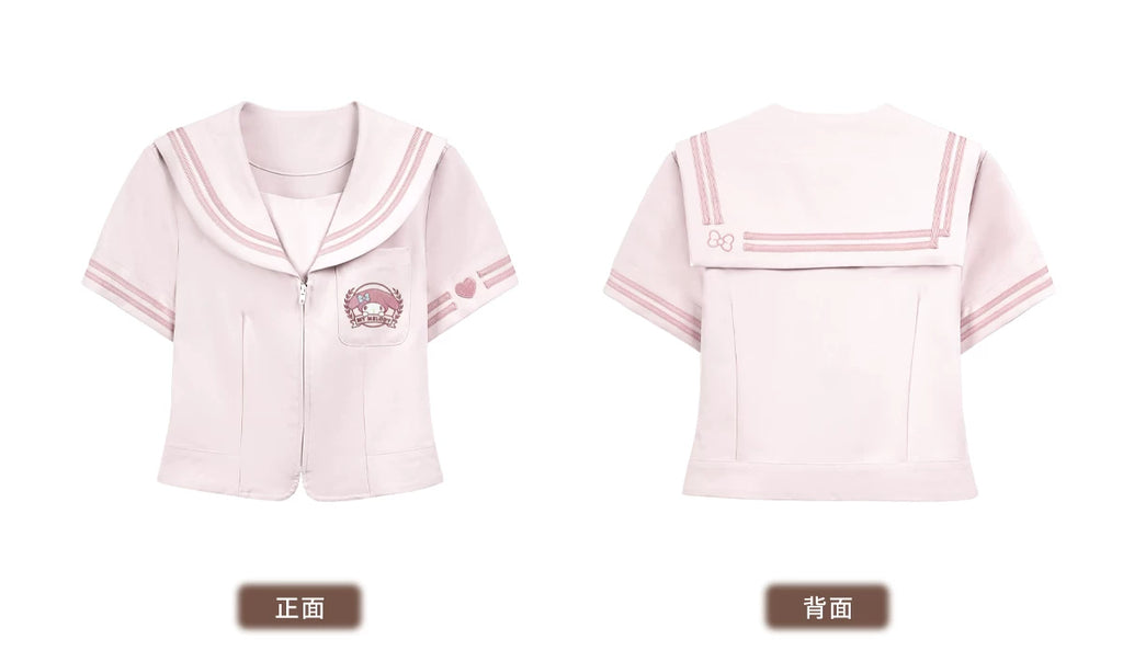 サンリオ マイメロディ リボンタイ付 セーラーカラー半袖シャツとスカートのセットアップ