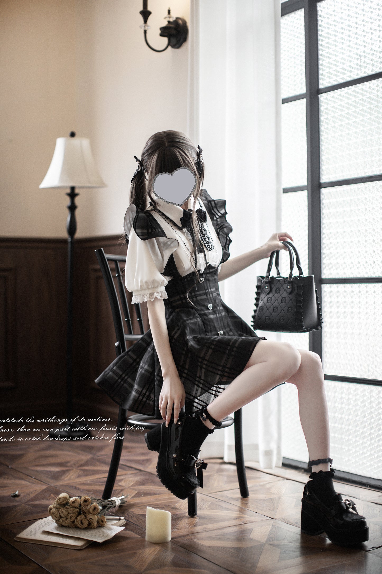 Monochrome Heart チェック柄ジャンパースカートセット・ショート丈