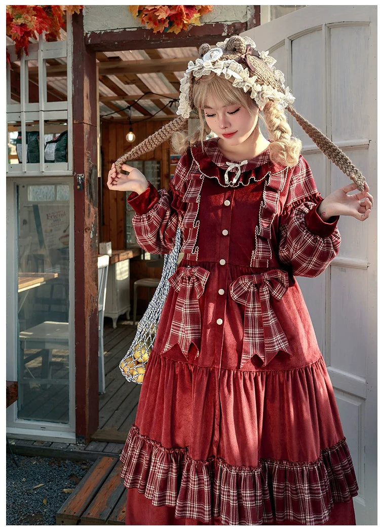Red check and velvet layered dress
