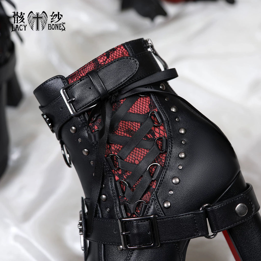 【暗黒の詩】レッドソール×黒紗のゴシックハイヒールブーツ